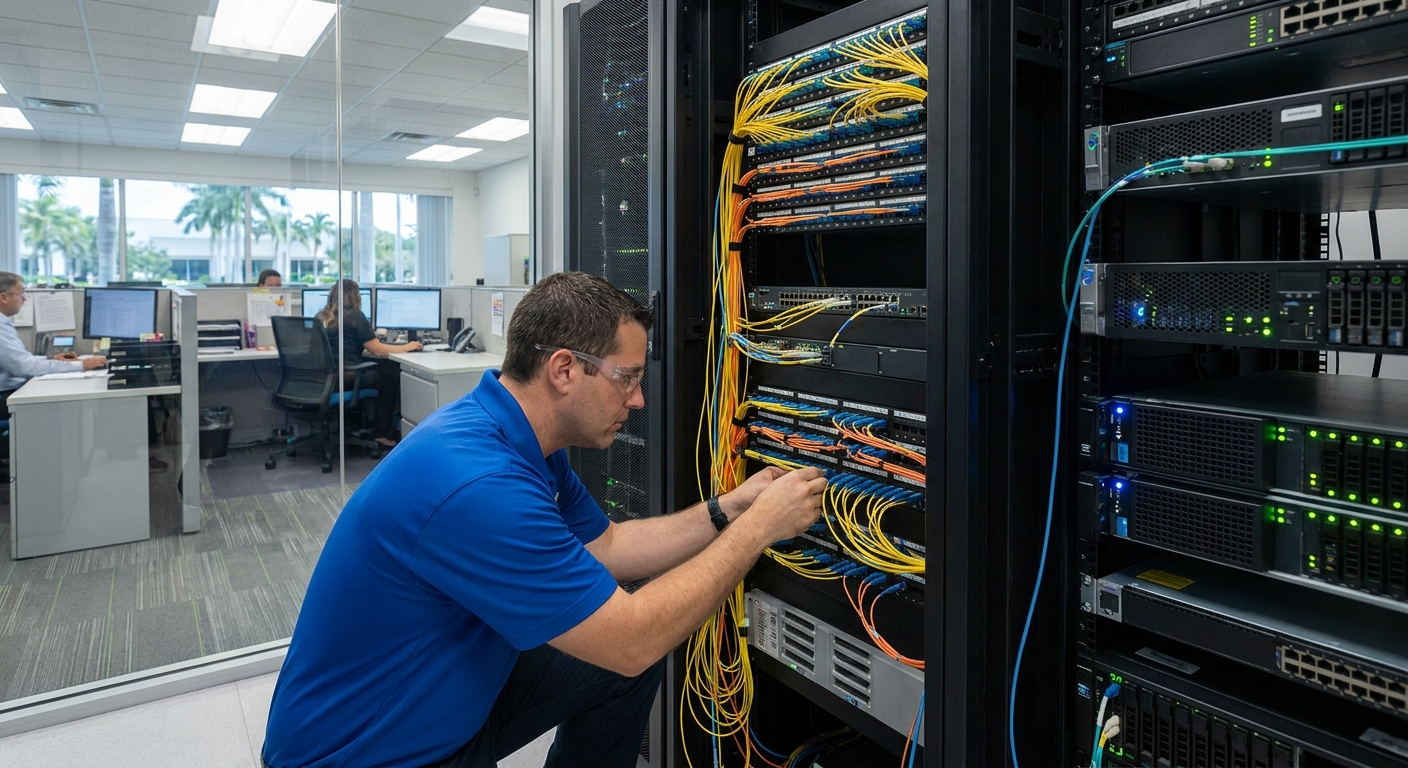 Fiber optic cabling installation in a modern Pembroke Pines office for improved speed and reliability.