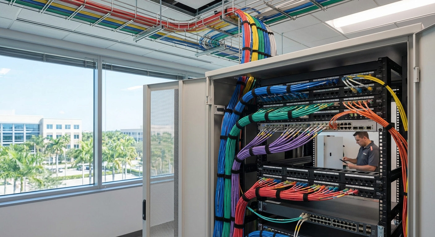 Low-voltage cabling installation in a modern Coral Springs office workspace
