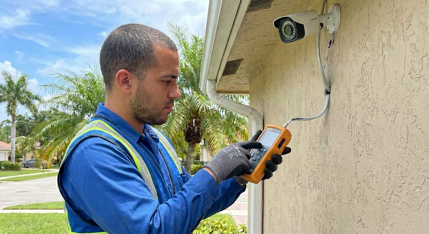 Professional checking camera cabling in South Florida for corrosion and weather damage