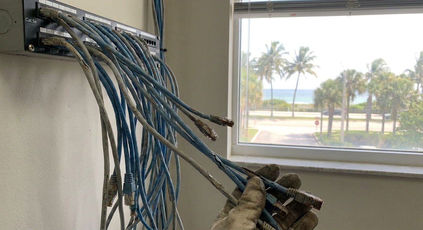 Aging Cat 5/6 cables in a humid South Florida environment showing visible wear and the need for replacement