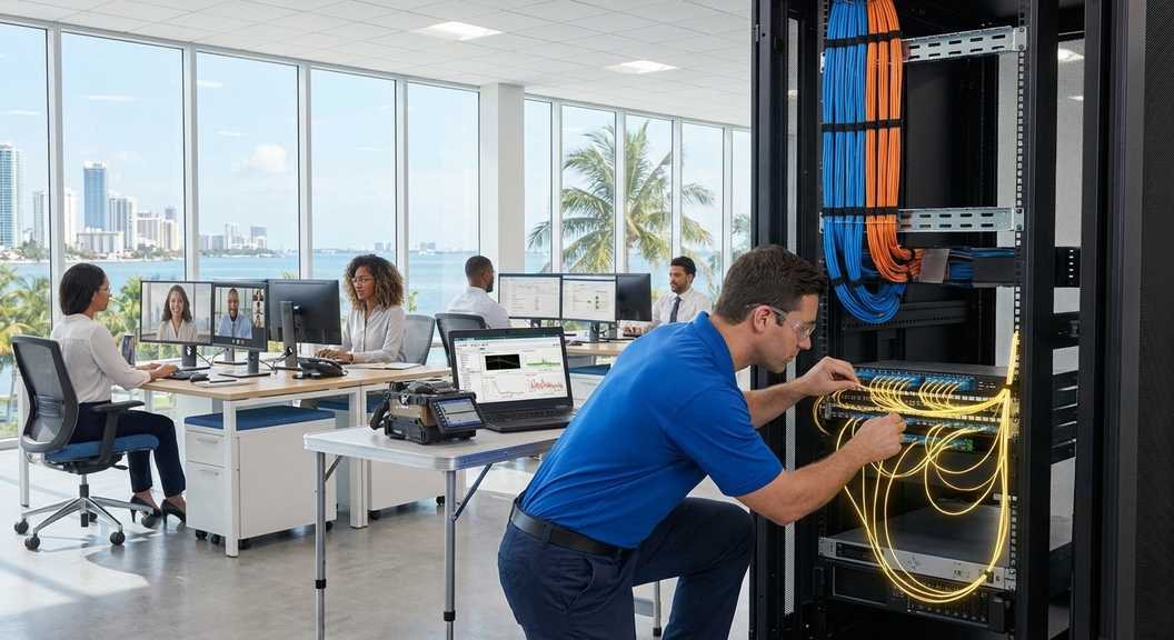 Fiber optic cabling installation in a modern South Florida office environment